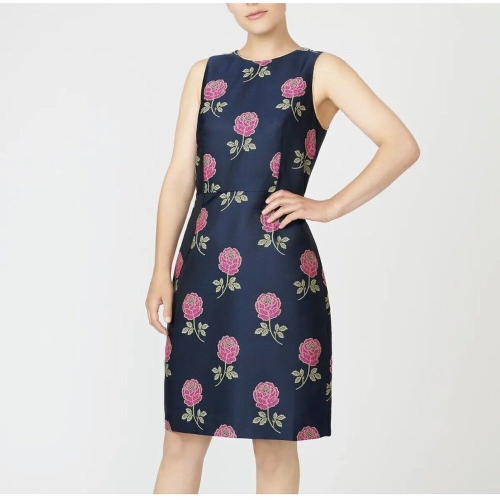 J.Crew Sheath Dress Sleeveless Floral Jacquard Size 4 Navy Blue Pink Floral NEW